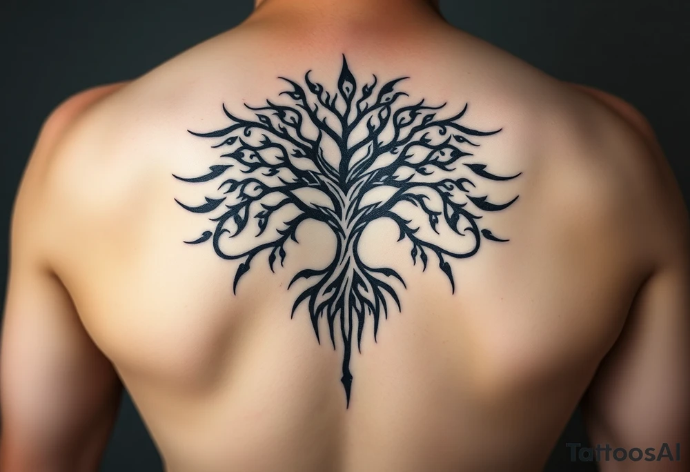 extravagant sacred nnative tree of life who roots rdrive deep into mother eart who has a faceless sillowet of grandmother tattoo idea