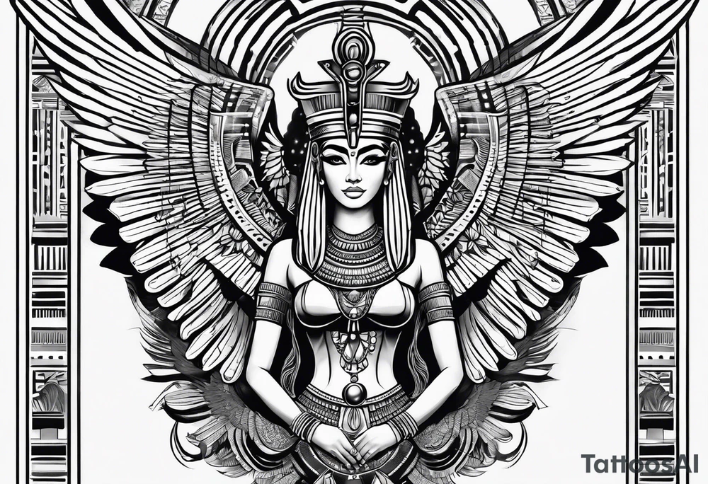 black and white Egyptian goddess Isis tattoo idea