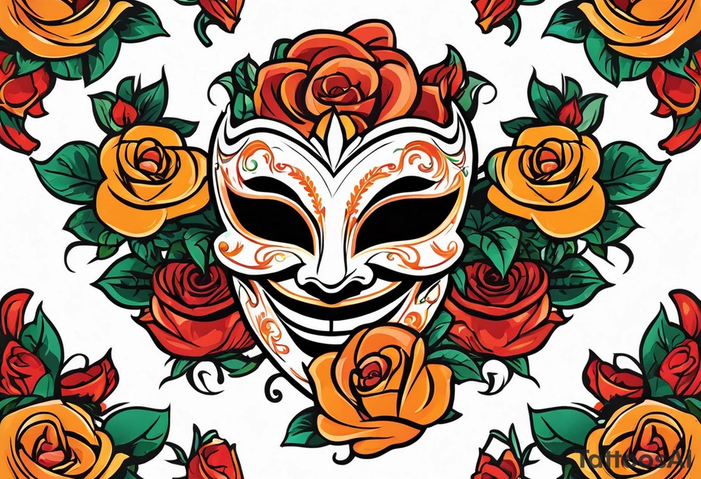 Laughing Male masquerade mask with orange and red roses tattoo idea