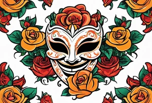 Laughing Male masquerade mask with orange and red roses tattoo idea
