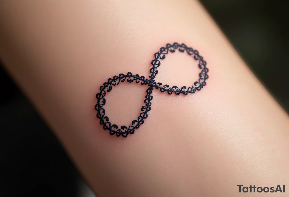 A lace-textured infinity outline in dark gray, with a soft burgundy heart sewn into the design. tattoo idea