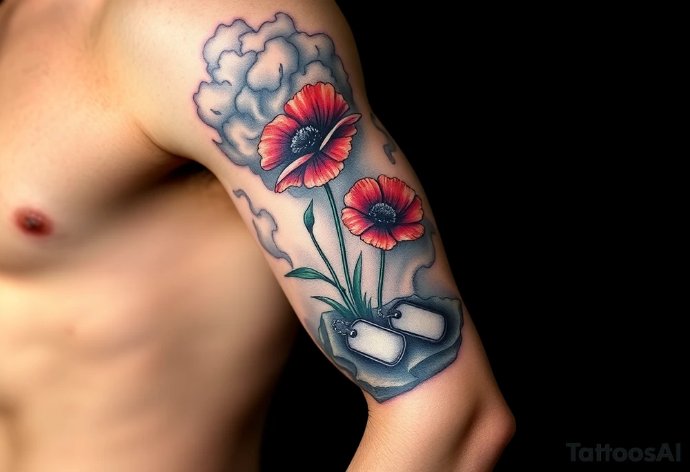 War zone with 2 poppy’s growing out of the smoke with dog tags laying on the ground tattoo idea