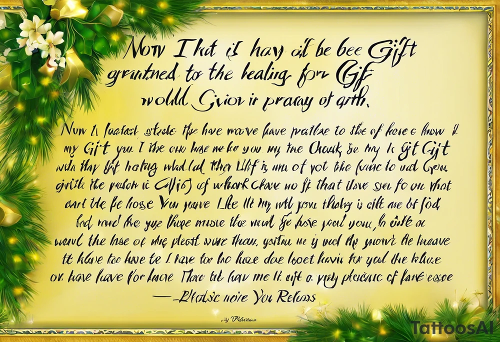 “Now that I have been granted the ultimate gift of healing. I would like to thank those of you who have stood with me to pray for my healing here on earth. I want you to know that I did not lose the battle. I have been given the most precious gift ever—the gift of eternal life with My Savior and Lord, Jesus Christ. So please rejoice for me. If you do not know Him, his gift is free for all who turn from their sin, ask for forgiveness, and ask Him to be their friend and guide through this life on this earth.” tattoo idea
