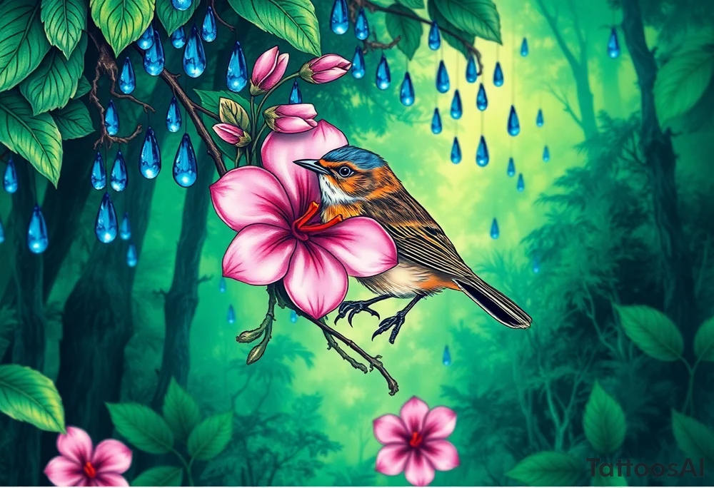 green forest background
blue rain drops
pink camelia flower
blue brown wren bird tattoo idea