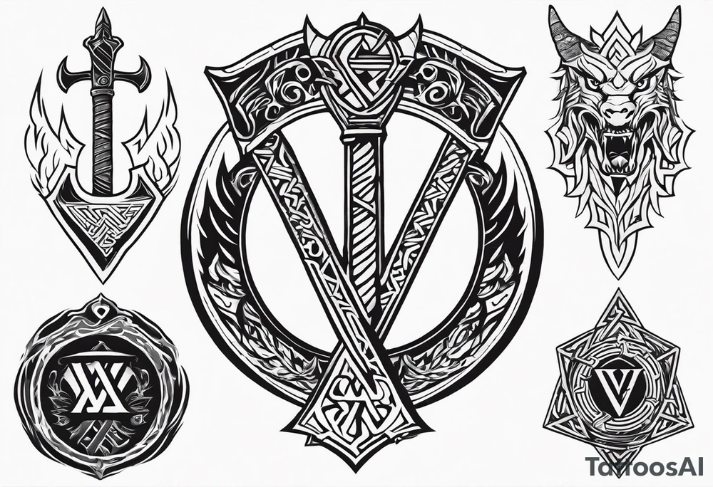 Valhalla sword shield dragon axe Valknut fire tattoo idea Valhalla sword shield dragon axe Valknut fire tattoo idea