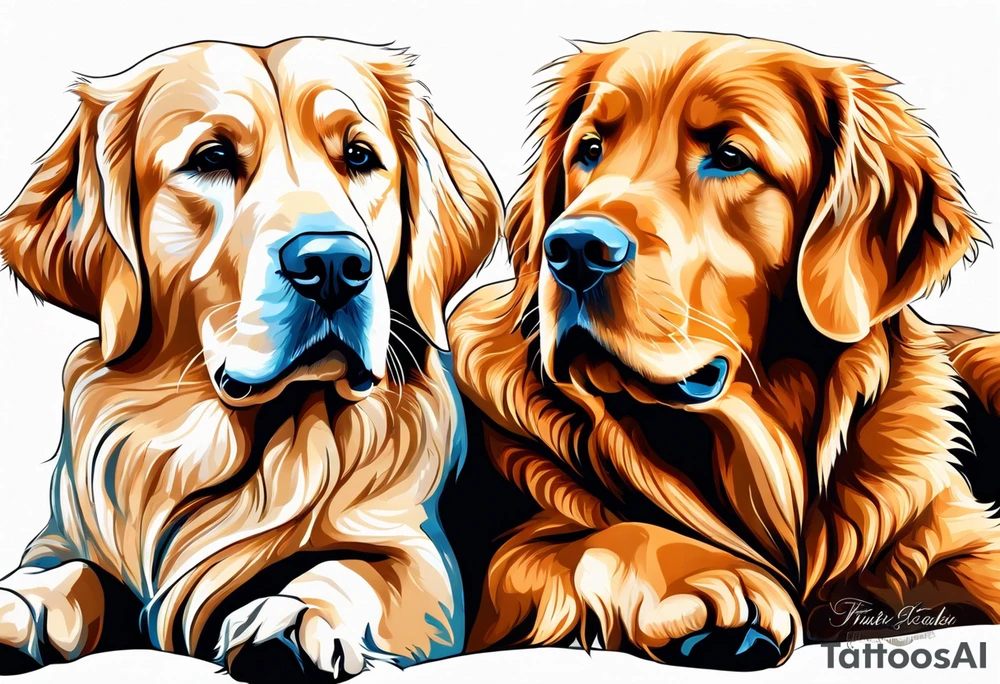 two dogs one is a dark colored golden retriever and the other is a light colored Labrador. They are happy. tattoo idea