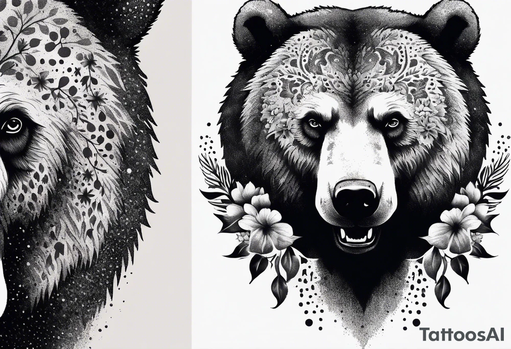 angry bear leaves and flowers, different seasons tattoo idea