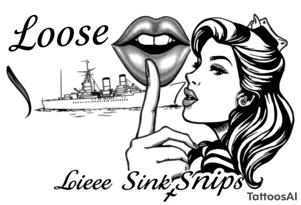 representation of war propaganda: Loose lips sink ships. Must include ship and a woman with her finger to her lips tattoo idea