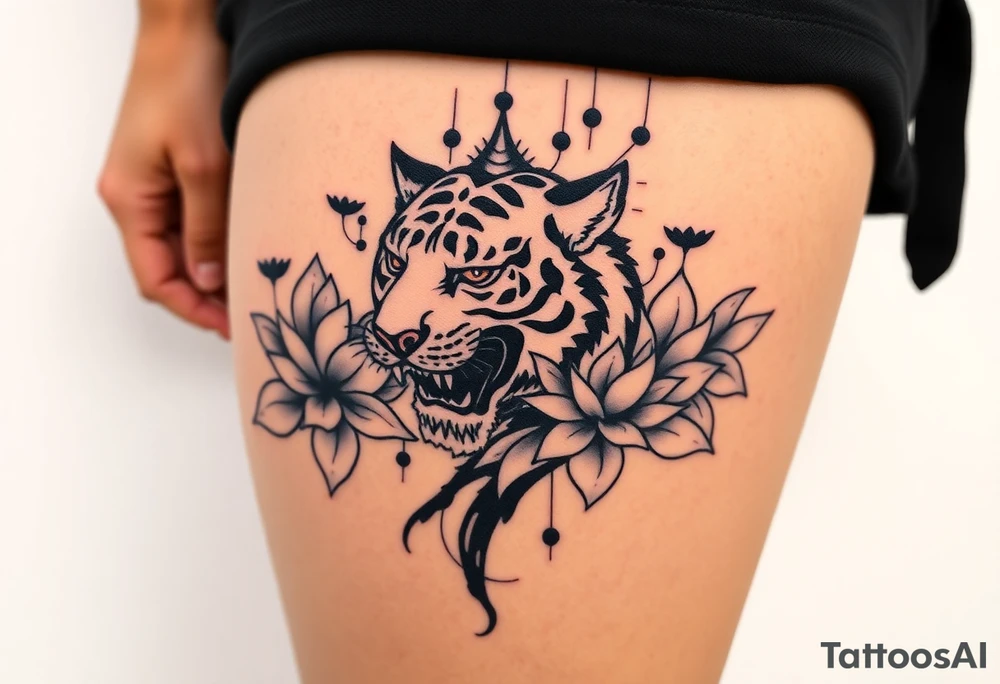 fierce tiger emerging through blooming lotus flowers in mist tattoo idea