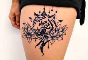fierce tiger emerging through blooming lotus flowers in mist tattoo idea