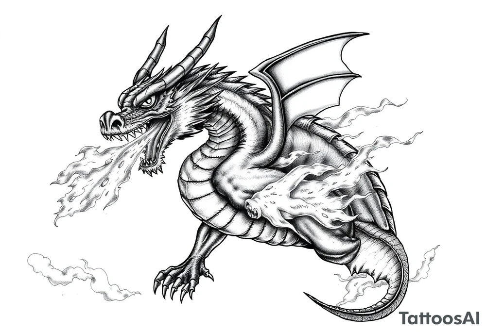 fierce dragon breathing iridescent fire against stormy skies tattoo idea