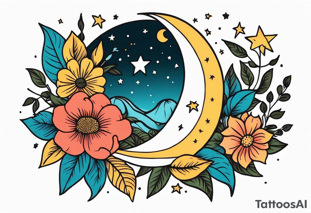 stars and moon

old school vintage simple traditional design with vintage flowers surrounding
bold color simple tattoo idea