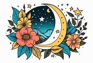 stars and moon

old school vintage simple traditional design with vintage flowers surrounding
bold color simple tattoo idea
