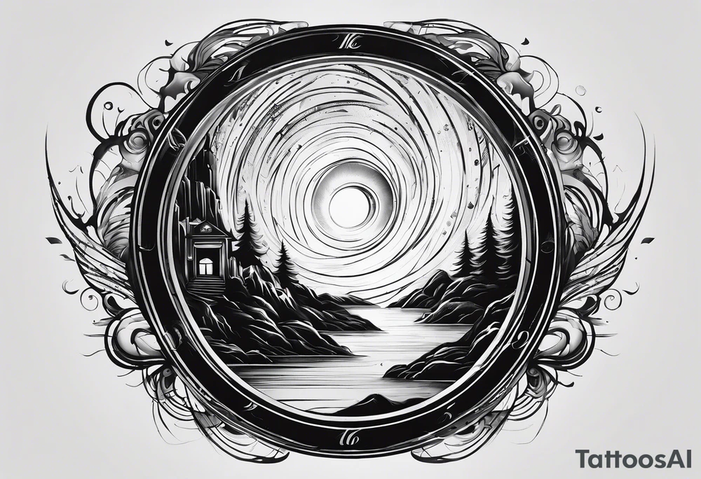Create a tattoo featuring both light speed trails and a time travel portal. The design should seamlessly blend luminous trails suggestive of near-light-speed travel with a swirling vortex or wormhole symbolizing time travel tattoo idea