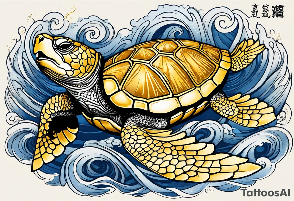 Golden shelled turtle wrapped with a gold dragon, 20 sea sparrows in flight around the turtle and dragon, fire controlman rating symbol tattoo idea