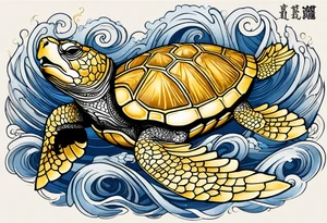 Golden shelled turtle wrapped with a gold dragon, 20 sea sparrows in flight around the turtle and dragon, fire controlman rating symbol tattoo idea