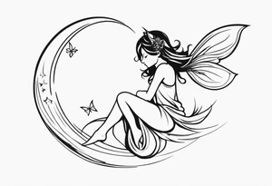 Minimalistic, monochromatic fairy with a tail flying to the left in a fetal position, leaning and looking in the same direction, with visible hands, embodying the 'Fairy Tail' logo aesthetic. tattoo idea