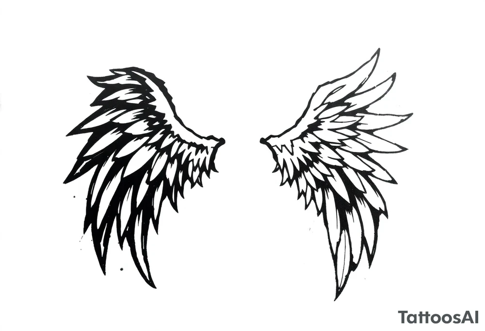 the wings go up

This tattoo design features a pair of asymmetrical angel wings drawn in black ink with a rough, sketch-like style. The left wing is darker, more defined, and appears denser, while the right wing is lighter, more delicate, and fragmented, creating a contrast between the two. The feathers are sharp and irregular, with fine lines and stray strokes extending outward, adding a raw and artistic feel. The overall look is dynamic and slightly chaotic, giving the impression of movement or an unfinished, ethereal form. This design symbolizes duality, freedom, transformation, or even struggle, making it a meaningful and visually striking tattoo. tattoo idea