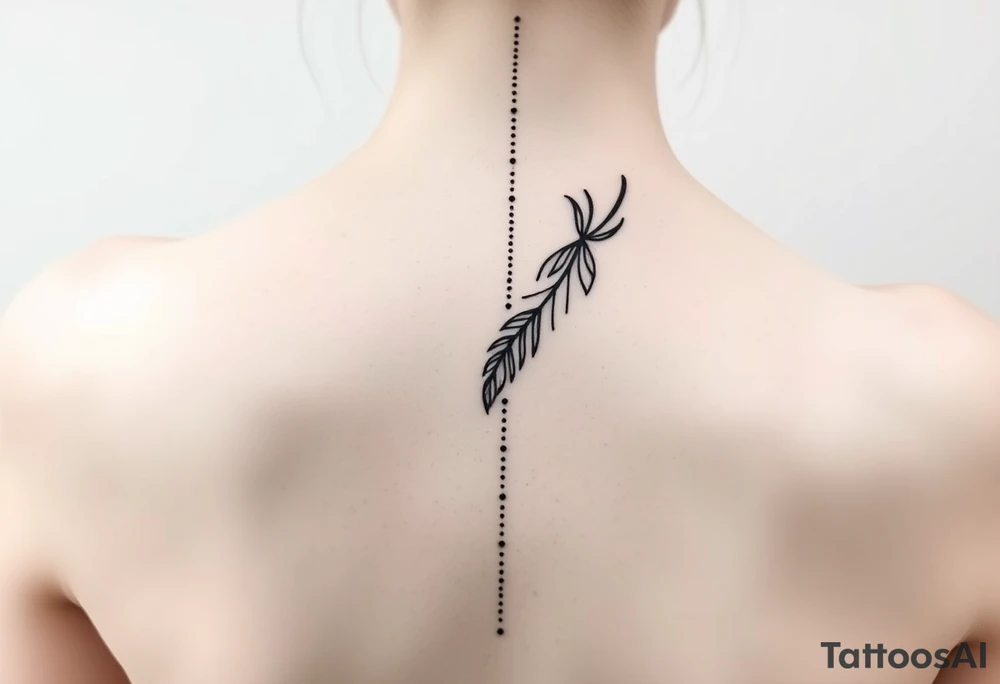 Thin spinal tattoo following down the spine in a native style with flowing lines made of a discreet connection of morse code ".--- .- --.     .-.. ... -.- .- .-.   -.. .. --.     .-.. .. .-.. .-.. . -... .-. --- .-. connected to flowing feathers tattoo idea