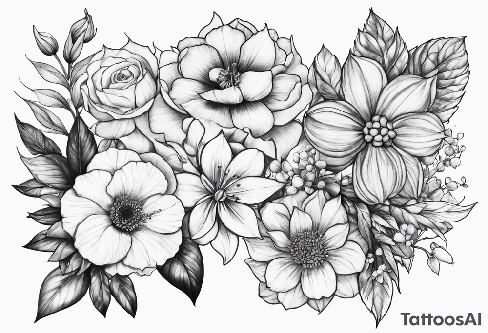 December october and march birth flower sleeve tattoo idea