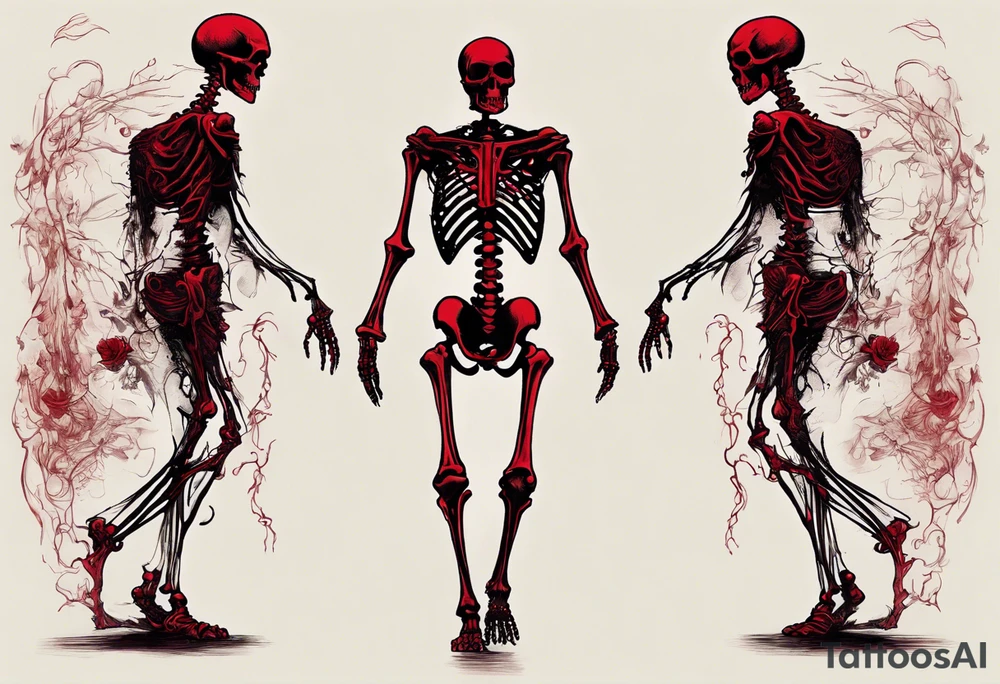 A 2D tattoo design of a skeletal figure, imbued with subtle hints of dark red, walking away in an elegant dark red and black suit. The skeleton's robe trails on the ground, reflecting a somber yet dignified departure. Visible parts of the skeleton, peeking through the suit, are detailed with red accents, blending the essence of life and afterlife. The design captures the left side profile of the skeleton, embodying both the grace of the attire and the starkness of the skeletal form tattoo idea