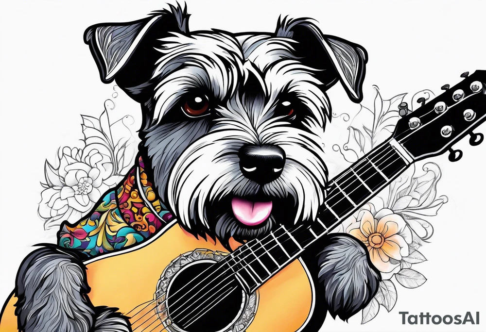 Miniature schnauzer playing guitar tattoo idea