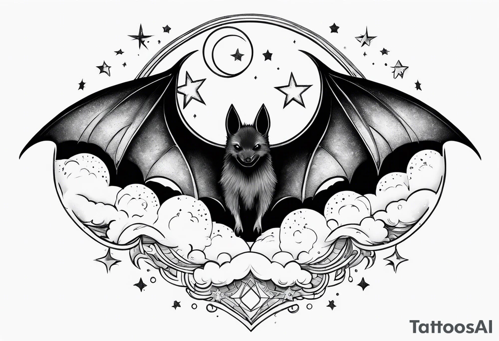 A bat wrapped in clouds and smoke with stars and sparkles and a moon tattoo idea