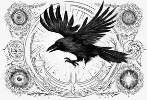 Cunning and Regal Raven flying towards the Sun. Mystic. tattoo idea