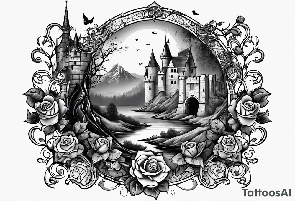 tattoo fool sleeve, old broken gothic castle, broken sword, tree roots break out of the chains, roses tattoo idea