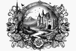tattoo fool sleeve, old broken gothic castle, broken sword, tree roots break out of the chains, roses tattoo idea