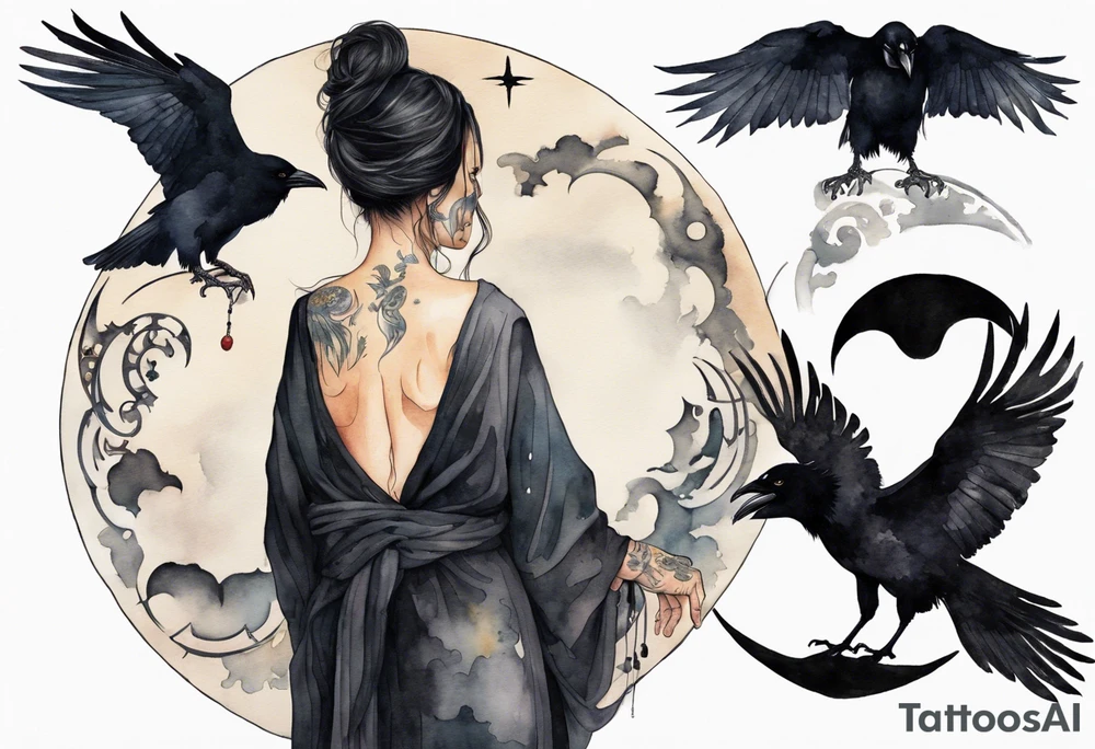 a beautiful 50 year old Dakota woman with pale skin wearing a black robe, standing on a crescent moon with bare feet, a raven on her shoulder tattoo idea