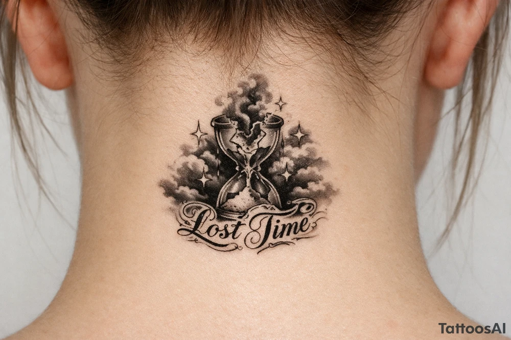 Black and grey realism tattoo design of a cracked, shattered hourglass centered in dark heavy clouds. Sand and dark smoke floating upward out of the glass. Custom gothic script lettering that says "Lost Time" wrapped around the base. Chicano style shading, deep blackwork background, sharp 4-point sparkle stars, high contrast, clean white background, tattoo stencil style tattoo idea