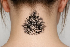 Black and grey realism tattoo design of a cracked, shattered hourglass centered in dark heavy clouds. Sand and dark smoke floating upward out of the glass. Custom gothic script lettering that says "Lost Time" wrapped around the base. Chicano style shading, deep blackwork background, sharp 4-point sparkle stars, high contrast, clean white background, tattoo stencil style tattoo idea