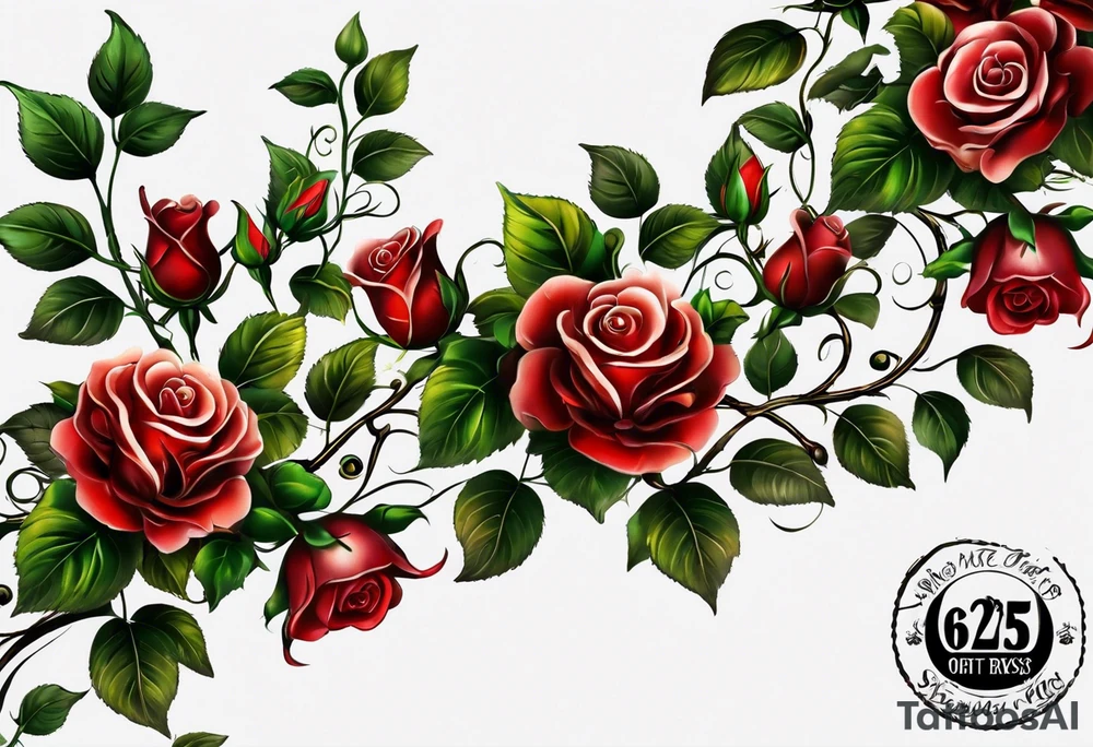 draw image of sleeve tattoo that has 65 small roses on a vine, they can be different sizes. It is long and narrow in design so it fits on an arm. The vine has some leaves and thorns but not too many. The roses will be a mix of small and medium size with some front on and others side on. tattoo idea