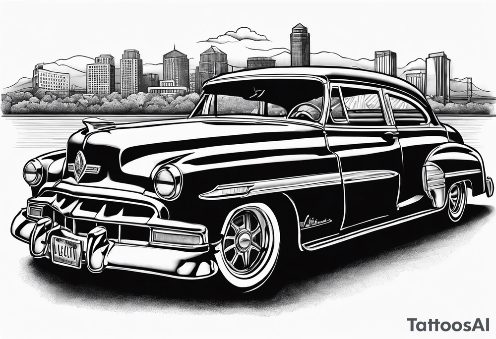 old school car parked looking into the sacramento skyline tattoo idea