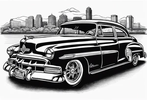 old school car parked looking into the sacramento skyline tattoo idea