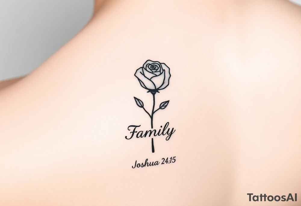 fine-line rose on my inner wrist, with the stem flowing down into the word Family in soft cursive, and Joshua 24:15 in tiny clean text underneath. photo of it tattoo idea