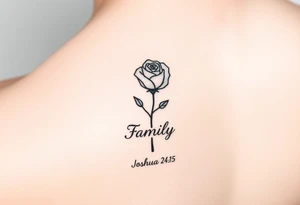 fine-line rose on my inner wrist, with the stem flowing down into the word Family in soft cursive, and Joshua 24:15 in tiny clean text underneath. photo of it tattoo idea