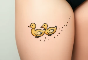 A mother and baby duck swimming together, leaving trails of tiny bubbles, in sea-green and sandy beige tones, representing lifelong guidance and patience tattoo idea