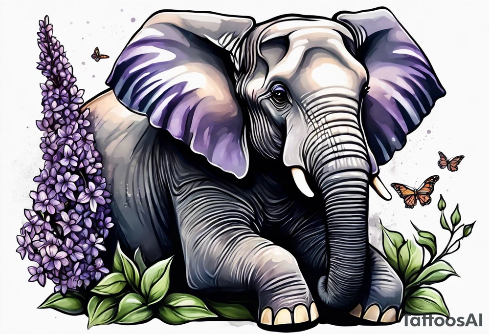 Seated elephant with raised trunk holding lilacs tattoo idea