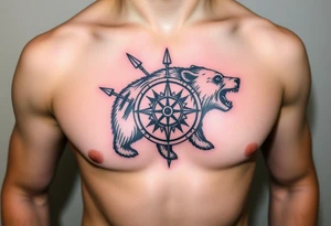 powerful bear with roman deisgn spears and a sun dial tattoo idea