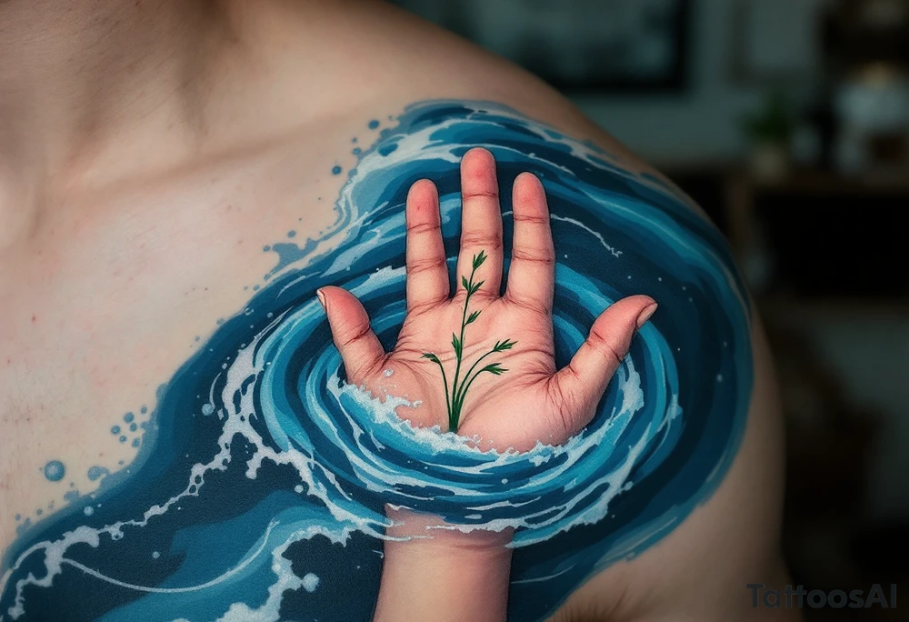 "Tonouci se stebla chyta." — A hand reaching for a single green reed in turbulent navy-blue waters, with the quote trailing behind like ripples. tattoo idea