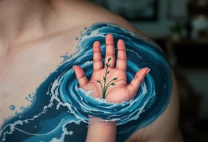 "Tonouci se stebla chyta." — A hand reaching for a single green reed in turbulent navy-blue waters, with the quote trailing behind like ripples. tattoo idea