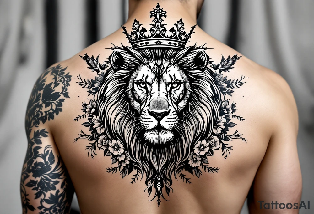 powerful majestic lion with a crown, surrounded by floral ornaments and birds tattoo idea