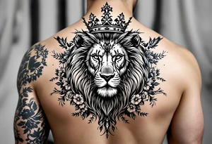 powerful majestic lion with a crown, surrounded by floral ornaments and birds tattoo idea