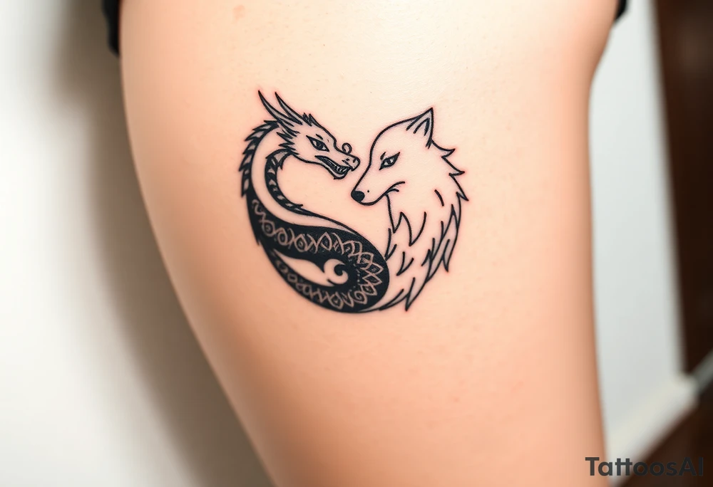 Ying yang symbol with one side a dragon and one side a wolf tattoo idea
