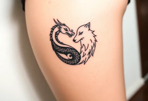 Ying yang symbol with one side a dragon and one side a wolf tattoo idea