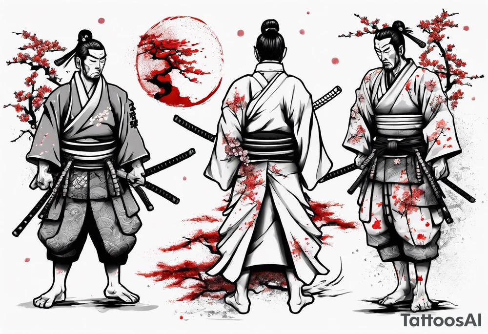 The shogun is standing with his back, he has a hole in his back and where the blood comes from in the form of sakura leaves and many samurai swords stuck in the ground tattoo idea