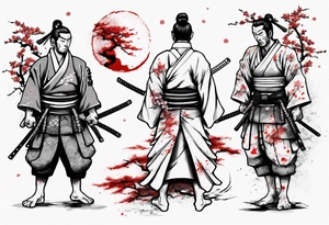 The shogun is standing with his back, he has a hole in his back and where the blood comes from in the form of sakura leaves and many samurai swords stuck in the ground tattoo idea