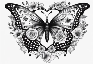 Butterfly wrap tattoos in heart with large centre piece with moon and floral theme. Bracelet around ankle show on higher ankle tattoo idea